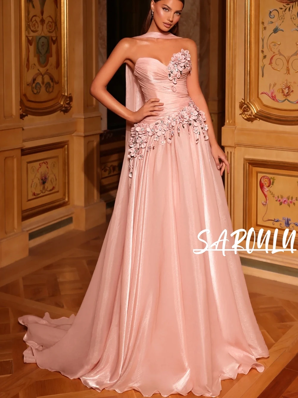 Fairy Gentle Pink Satin Prom Dress With Scarf Chic 3D Floral A Line Evening Gown Long Train Elegant Party Wear For Women