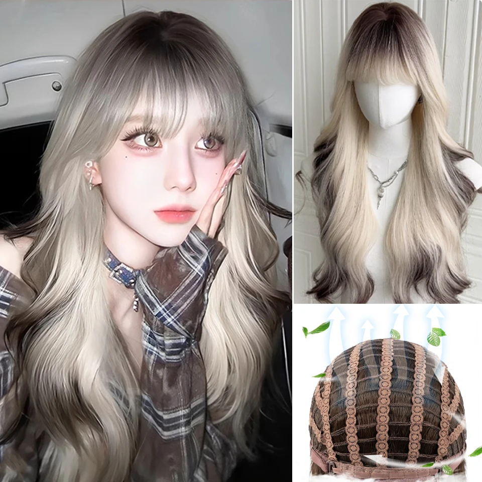 BEAUTYCODE Synthesis Wig rambut panjang wanita Universal, Wig penutup kepala penuh hitam dan putih gradien bergelombang dengan poni