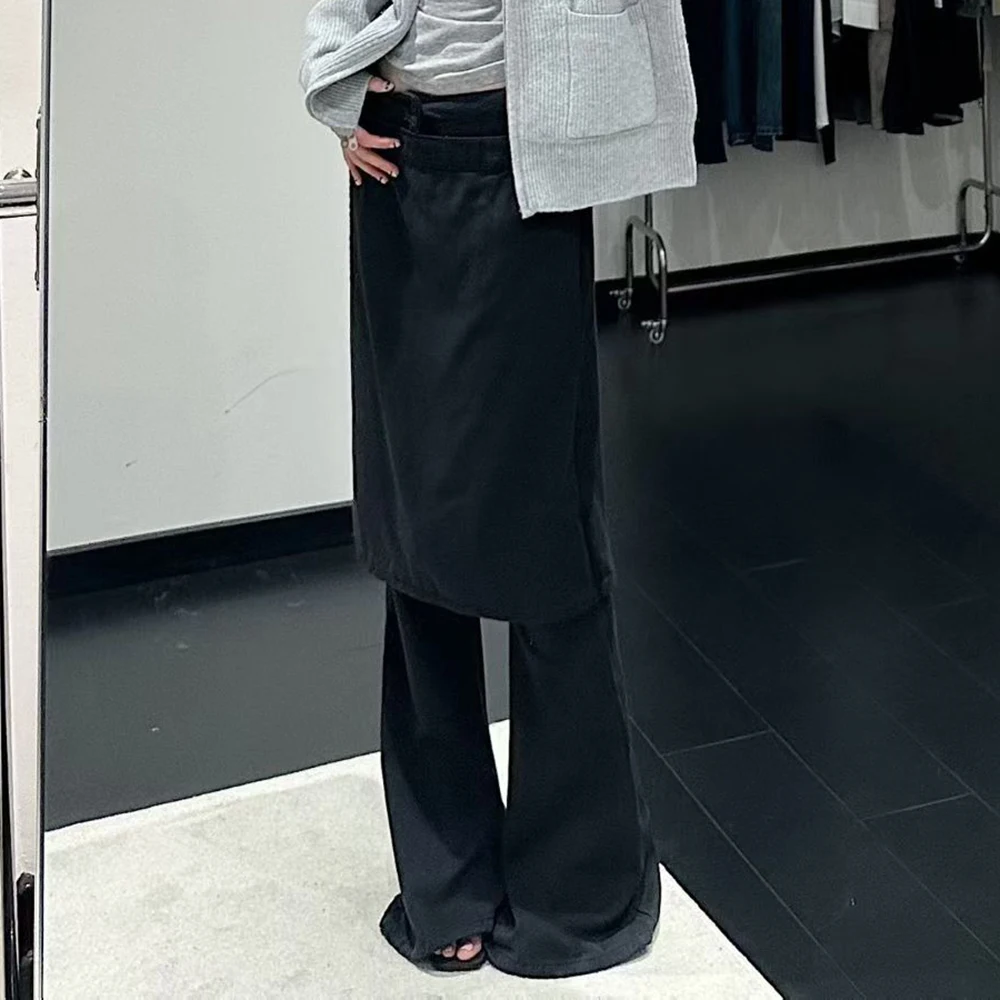 TWOTWINSTYLE Black Spliced Fart Cuttain Trousers Female High Waist Loose Streetwear Design Women's Flare Pants Autumn Fashion