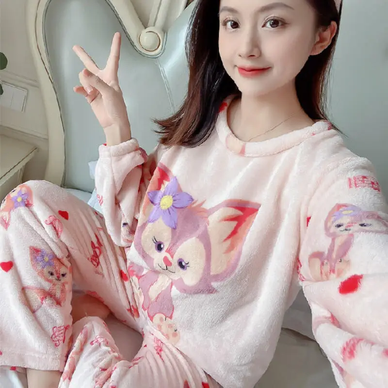 

Женский пижамный костюм с длинными рукавами, теплая студенческая утолщенная домашняя одежда в стиле аниме, модный корейский комплект из двух предметов, милые японские топы