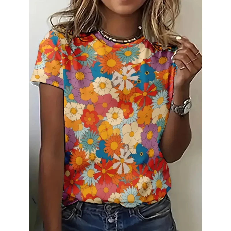 Fun Plants Pattern T Shirt For Women Colorful Flowers 3D Printed Short Sleeves Tees Summer Casual Loose T-Shirts O-Neck Tops