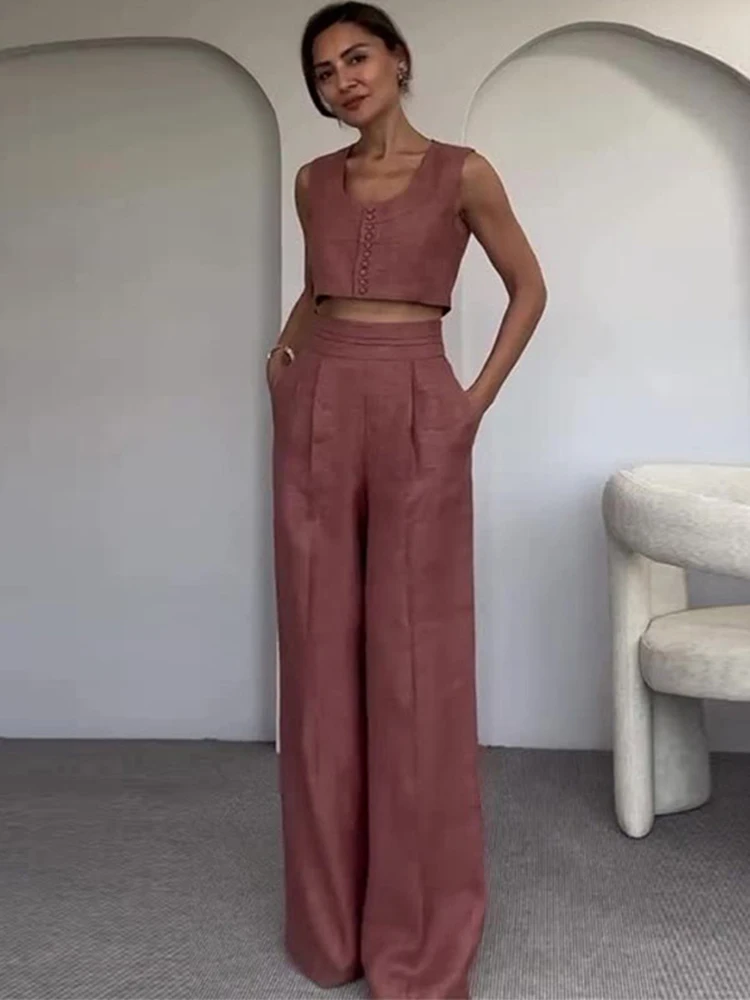 

Elegant Crop Vest Pants Sets Women Square Collar Sleeveless Crop Tops Buttons Pleated Trouser 2025 Summer Lady Suits Commute