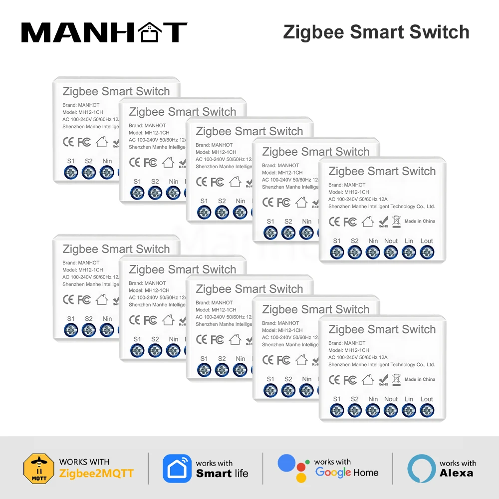 MANHOT Zigbee3.0 Mini Light Smart DIY Switch 2Way 12A Module Control Smart Relay Automation Breaker Works With Tuya Google Home