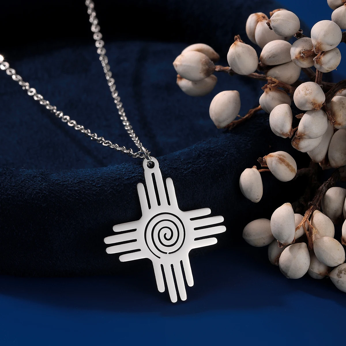 Kinitial Aço Inoxidável México Zia Símbolo Sol Colar de Pingente para Mulheres e Homens, Moda Cura Amuleto, Calor Presente Da Jóia