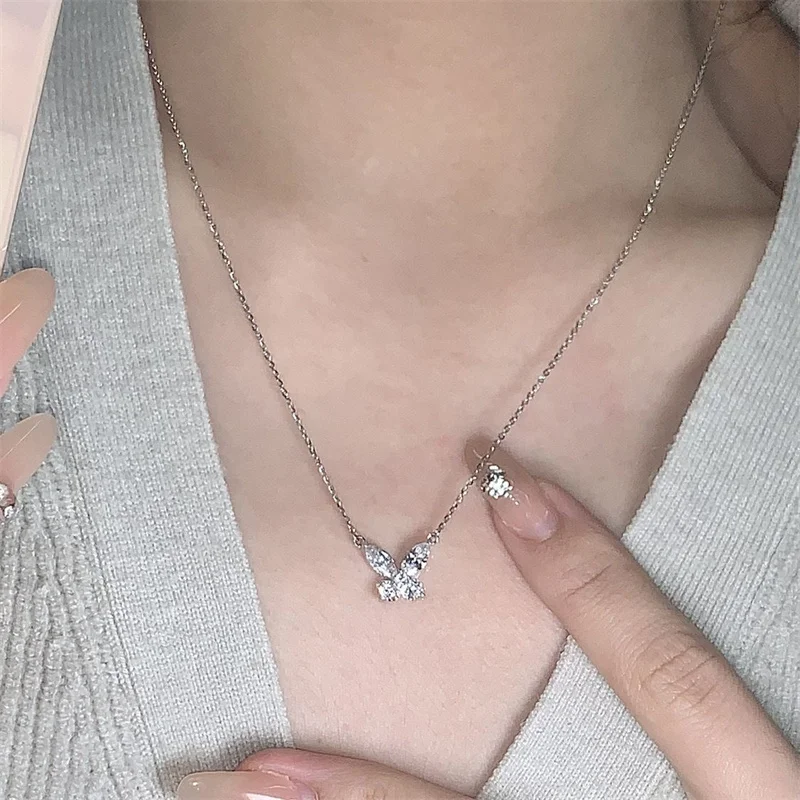 Romantic Pink Butterfly Pendant For Girlfriend Birthday Gift High Grade S925 Clavicle Necklace Female Silver Jewelry