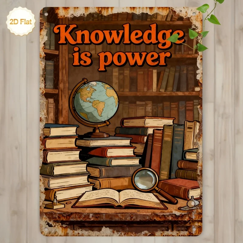 Letrero Metálico Vintage 2D Plano de 1 Pieza con la Frase 'El Conocimiento es Poder' - Pila de Libros con Globo Terráqueo y Lupa, Decoración Educativa para Biblioteca, Al