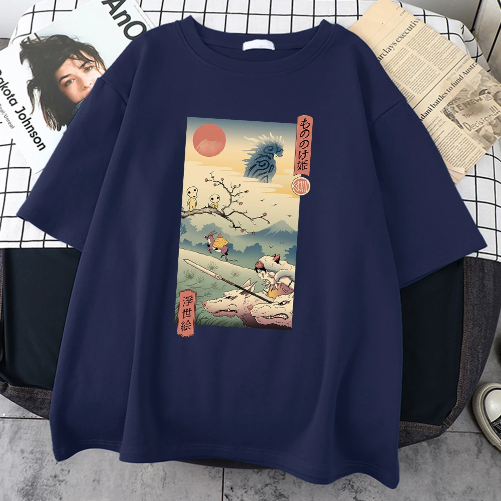 Wolf Princess Ukiyo Men T-Shirt Japanese Style Fashion Streetwear Harajuku Casual Men's Shirt Oversized Round Neck Male Tshirts