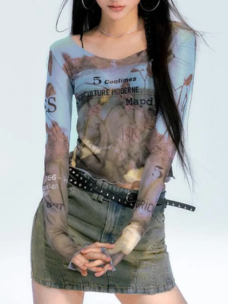 2024 New Oil Painting Mesh Printing Letter Perspective Slim Long Sleeve Short Top Women's T-shirt