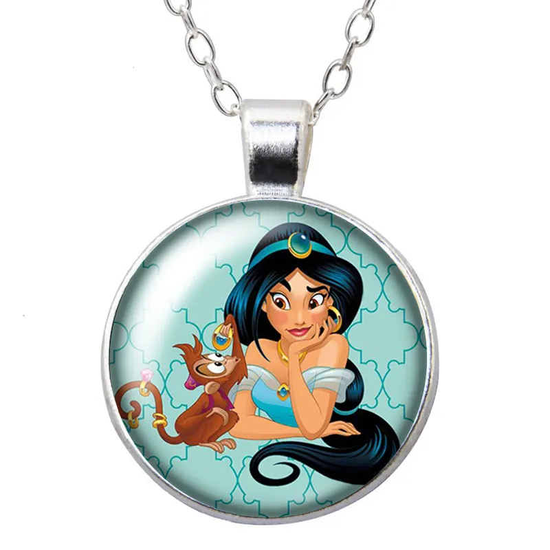 Disney Princess Jasmine Aladdin Lamp Round Photo Glass cabochon silver plated pendant necklace jewelry Gift