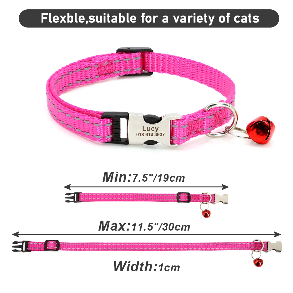 New Custom Cat Collar Reflective Kitten Puppy Collars with Bell Personalized Pet Cats Collar Necklace Accessories 19cm to 30cm