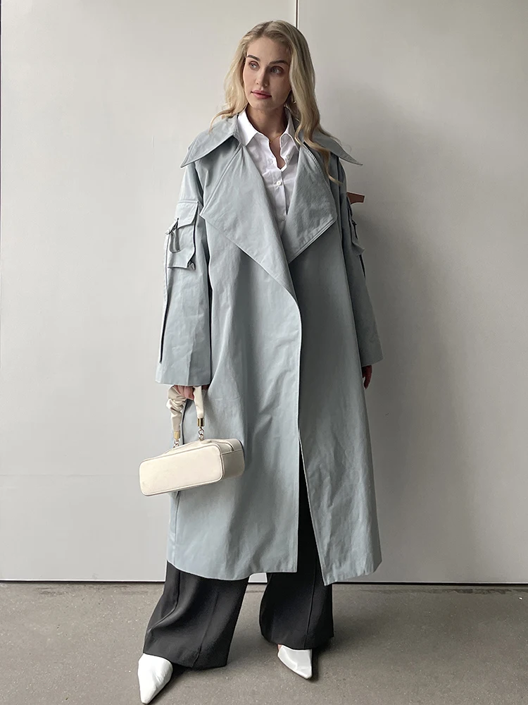 2024 Spring Autumn New Designer Korea Women\'s windbreaker Maxi Long Trench Coat Cotton Outerwear