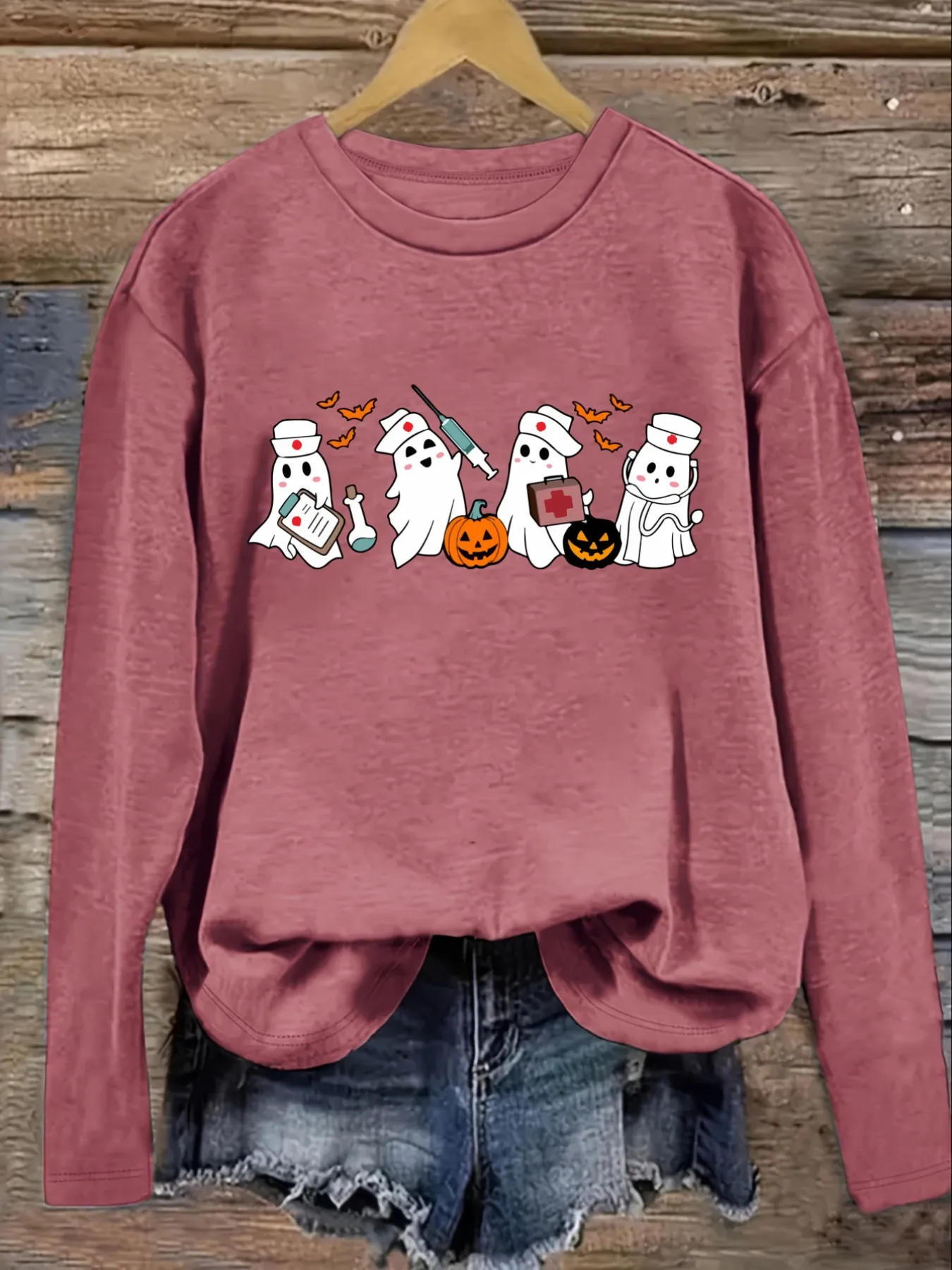 Women's Casual Long Sleeve Crew Neck T-Shirt Cute Ghost Nurse Halloween Print Design, Round Neck Women's Clothing, Machine Washable, Slightly Elastic, Loose Fit, Spring Autumn Winter Women's T-Shirt, Halloween Costume Outfit view 3
