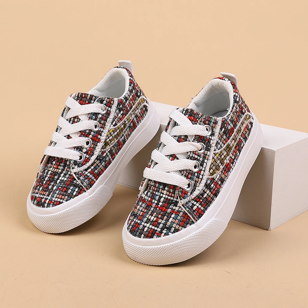 COMFY KIDS Kids' Multi-Color Tweed Lace-Up Canvas Sneakers, Soft Non-Slip Breathable Toddler Casual Shoes, Spring Autumn Lightwe