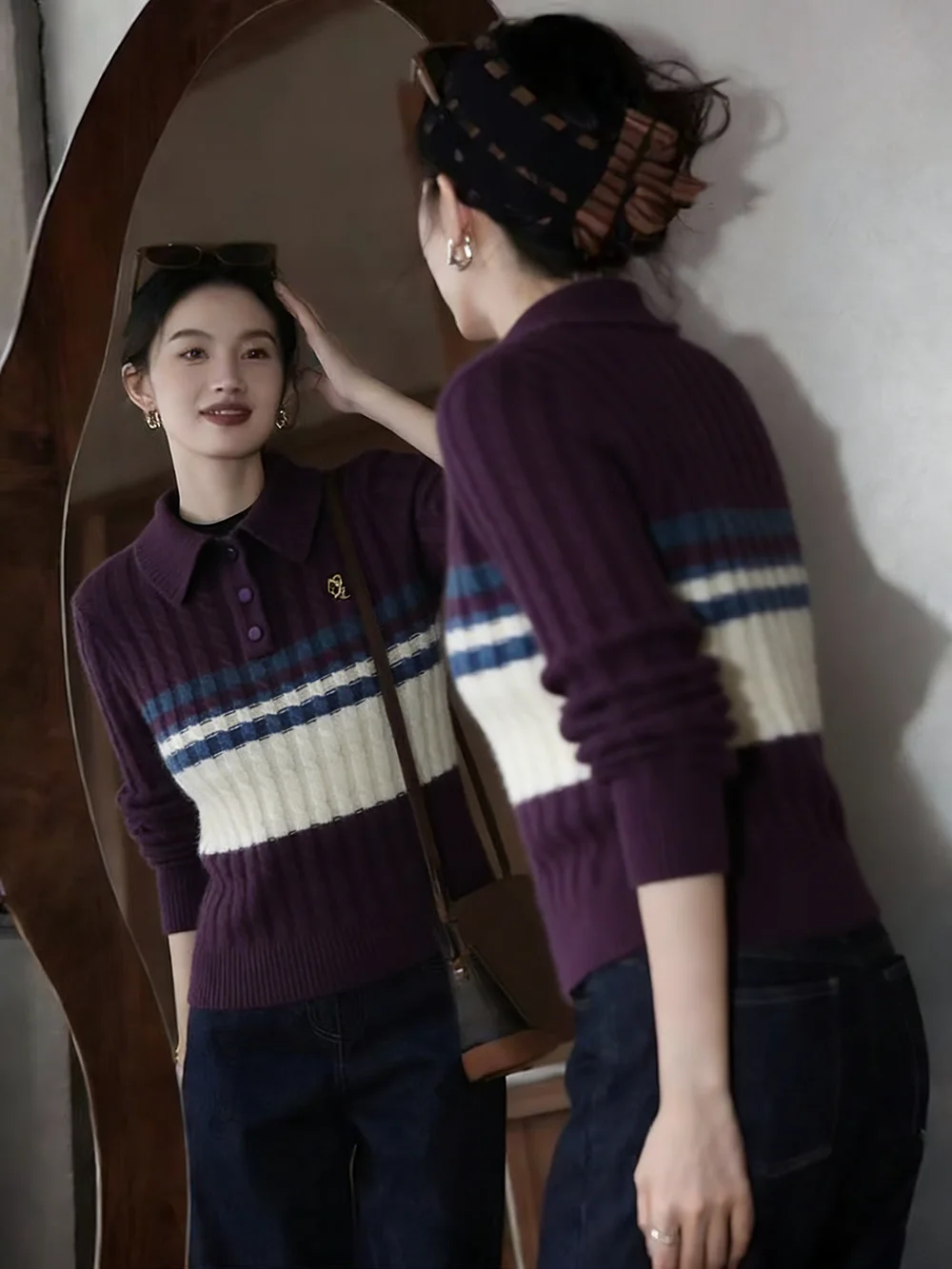 

Unique Knitted ort Sweater Color Blo Korean Sle Spring Faion High End Luxury Top Women's Retro Fit Long Sve Ne