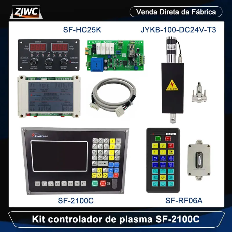 Sistema de máquina de corte plasma CNC de 2 eixos SF-2100C + controlador de altura SF-HC25K + levantador THC JYKB-100-DC24V-T3 + controle remoto SF-RF06A