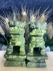 1 Pair of Chinese Mainland Green Jade hand-Carved Objects Aura Feng Shui Gatekeeper Town House Lion Office Decoration Home Decor