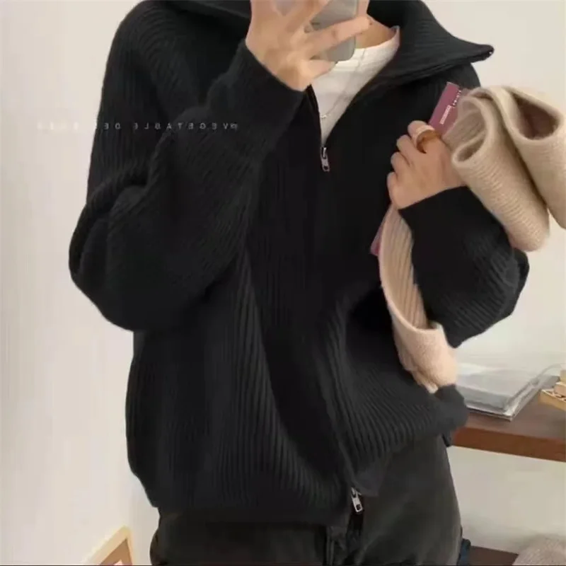2025年秋冬 ダブルジッパー ヴィンテージ フリップカラー レディース ニット カーディガン セーター ジャケット 学生 韓国風 レディース トップス