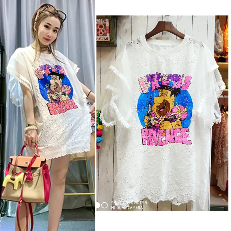 

Summer Lace Blouses Women Cartoon Print Short Ruffles Sleeve Woman Long Women Young Ladies Party Diamonds Blousa Vestidos SY048