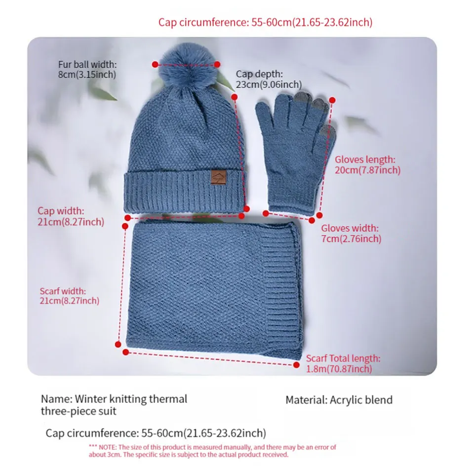 3Pcs/set Winter Beanie Hat Scarf Touchscreen Gloves Set Women Warmth Knitting Fleece Lined Leather Label Fur Ball Cap