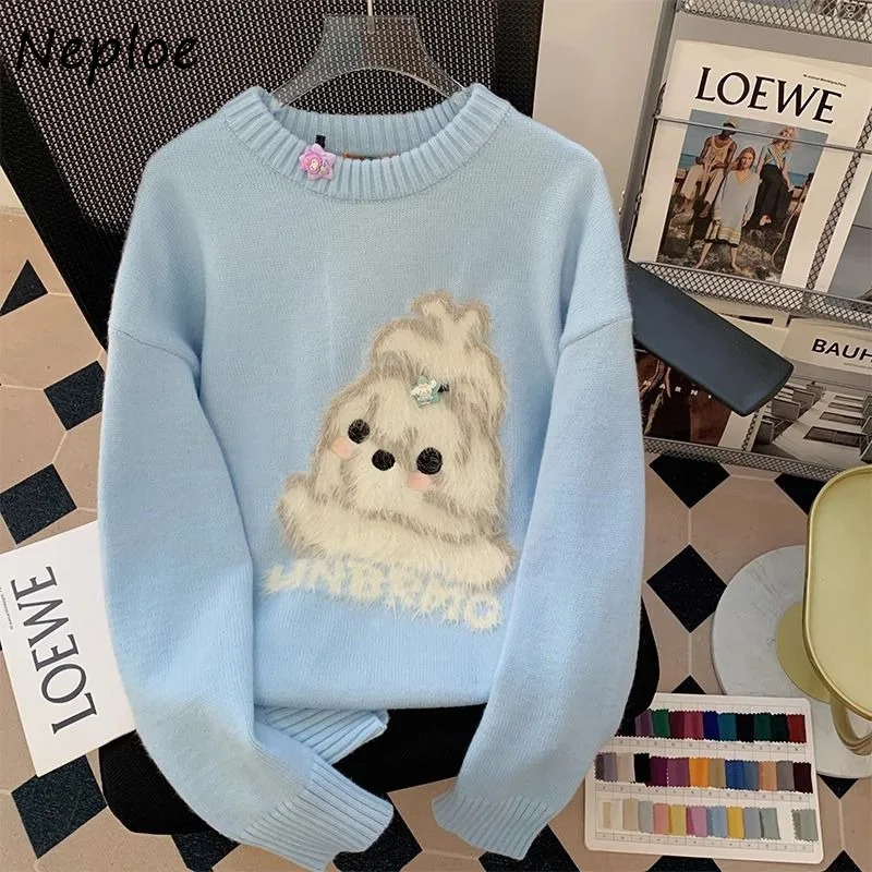 Neploe Sweet Cartoon All-match Sweater for Women Autumn Winter New Thicked Warm Pullovers Y2k O-neck Long Sleeve Tops Mujer