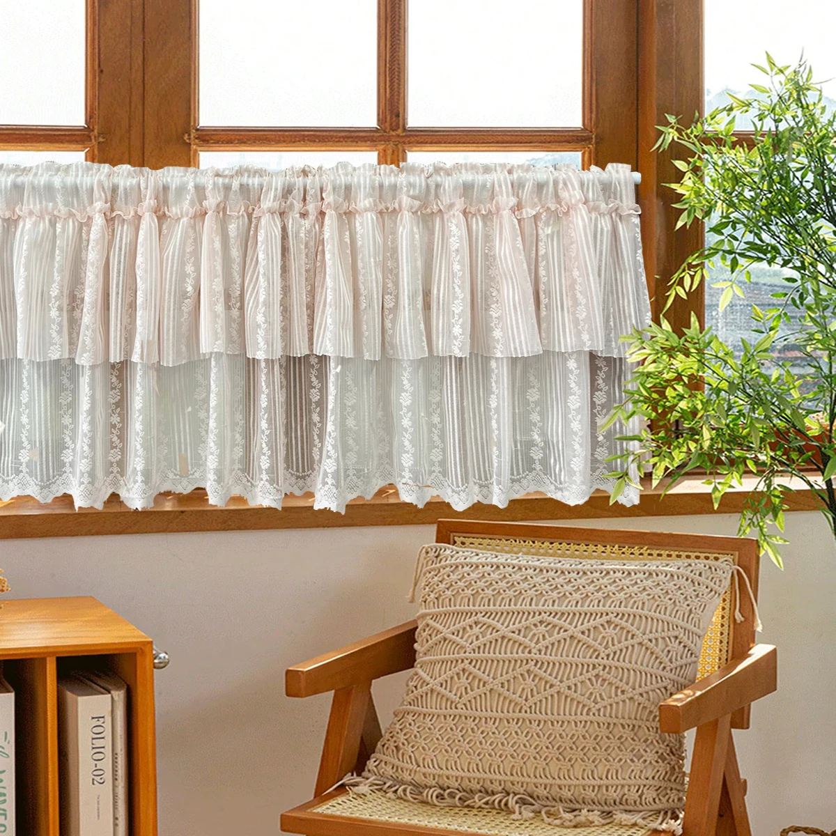 Rose Floral Pink Jacquard Double Layer Ruffled Short Curtains For Kitchen Decoration ,Romantic Style Small Window Tulle Drapes