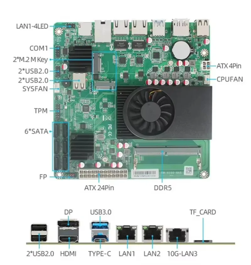 10G NAS Mainboard Intel i3-N305 N100 6-Bay 1*10G 2*i226-V 2.5G 3LAN 2*NVMe 6*SATA3.0 1*DDR5 Firewall Router ITX Motherboard