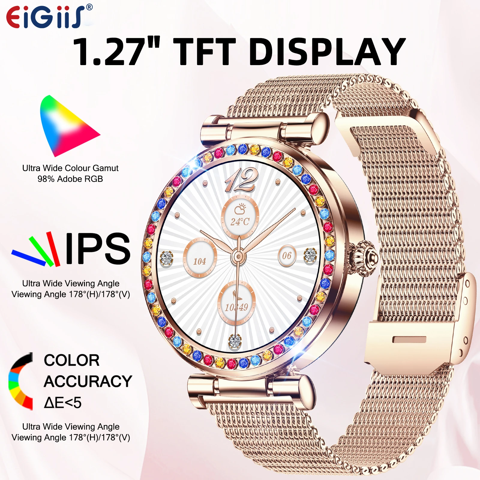 

Смарт-часы EIGIIS для женщин с 1,27-дюймовым сенсорным экраном HD, трекер активности с бриллиантами и монитором сердечного ритма, сна, 100 + спортивные режимы