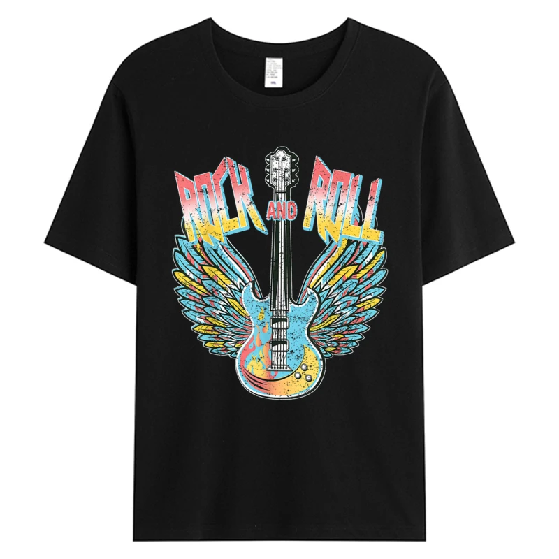 

Vintage Retro Design Tshirt For Man Old Style 80's Rock & Roll Music Electric Guitar Wings Print Men 100% Cotton Graphic T-Shirt