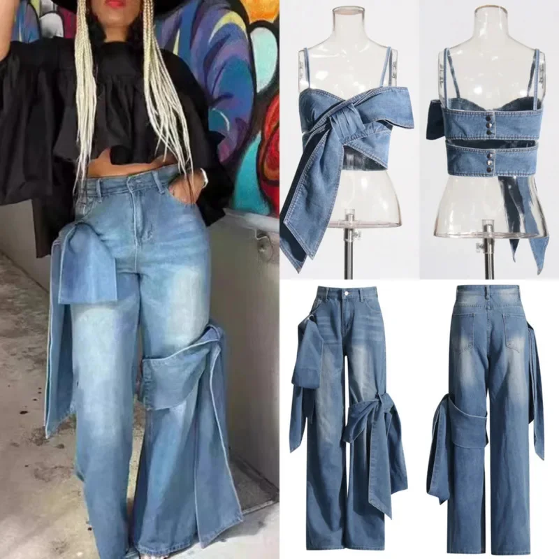 Ensemble de jeans en denim à lacets avec nœud 3D pour femme, glaçure, soutien-gorge, bouton, jambe droite, jambe large, vieux, taille haute, imbibé, été, 2024