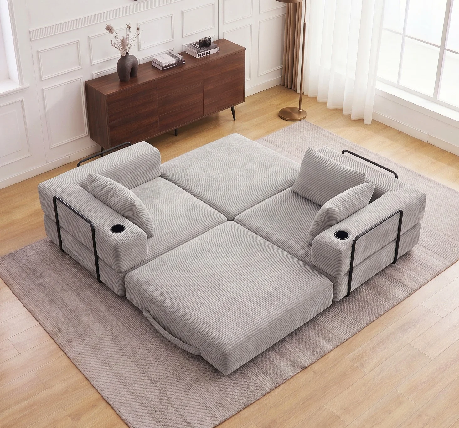Divano modulare a 2 posti, 196 cm, divano componibile in velluto a coste, 4 pezzi, divano letto trasformabile, elementi combinabili liberamente, portabicchieri, maniglia per il trasporto, non richiede