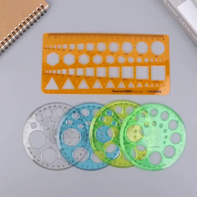 1/2/3Pcs Circular and Geometric Shape Stencil Multi-Functional Plastic Template with Measuring Ruler for Drawing and Design