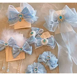 Princess Pompom Hairpins Big Blue Bows Hair Clip for kids Children Long Ribbon Duckbill Clip Girl School Hairgrips Headwear Gift