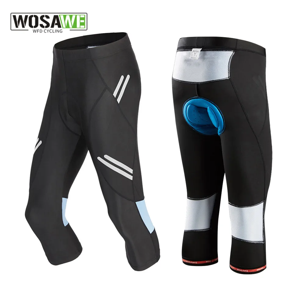 WOSAWE Men\'s Cycling Cropped Pants Reflective Riding Bike Tights Clothing 3D Gel Padded Riding MTB Spinning Bicycle Shorts