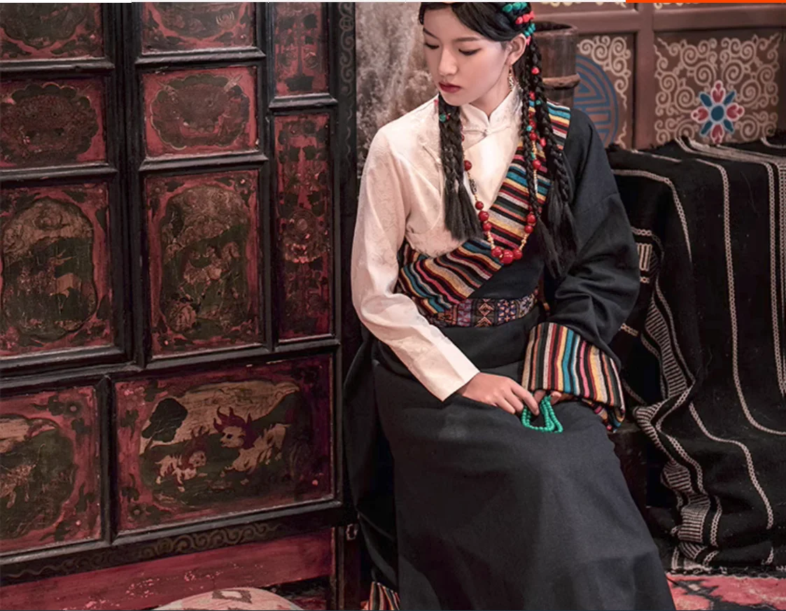 Costume de Scène Tibétain, Robe de Style Minoritaire Féminin, Ensemble de Spectacle de brev