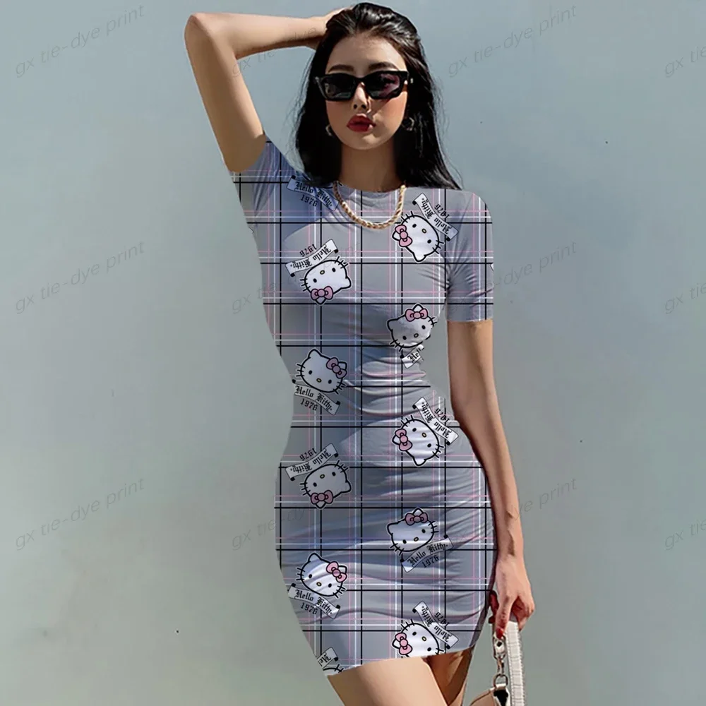 Hello Kitty 3D Print Bodycon Cami Midi Dress Boho Short Sleeve Skinny O Neck Slim Vacation Cartoon Skirt Summer Mini Dress Hot