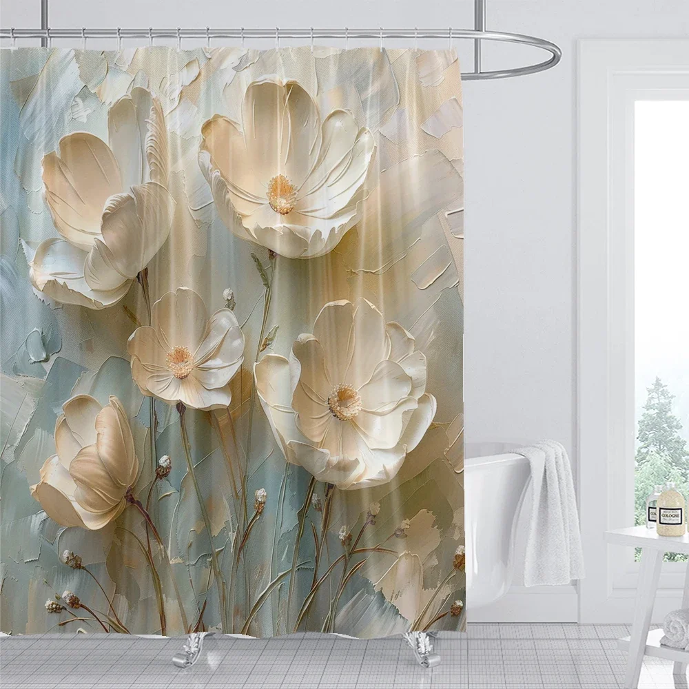 2D Thick Texture White Poppy Flower Shower Curtain Abstract Impasto Oil Painting Light Green Background Floral Art Print Waterpr