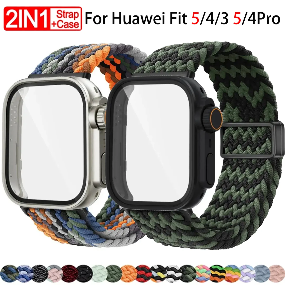 Nylonarmband + Ultra-Schutzhülle für Huawei Watch Fit 5/4 Pro 5/4/3, sturzsichere Schutzhülle + Glas für Huawei Watch Fit5 Bumper