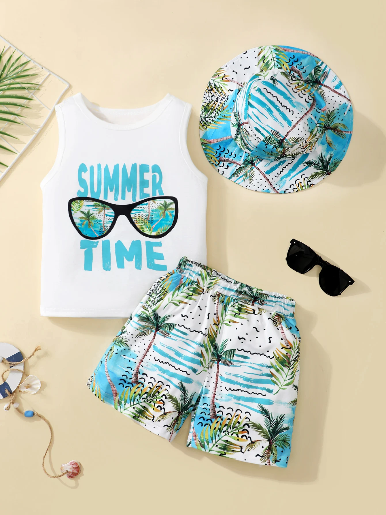 

Summer 4-7 Years Old Cool Boys Sleeveless Top And Hawaiian Printed Shorts Casual 3-Piece Set With Hat
