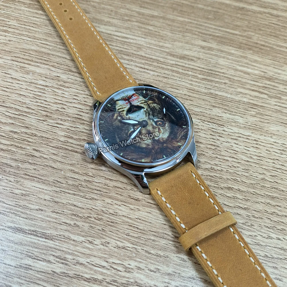 Parnis 44mm Handaufzug Herren klassische Tiger Löwe Zeichnung Zifferblatt Armbanduhr Anpassung akzeptabel
