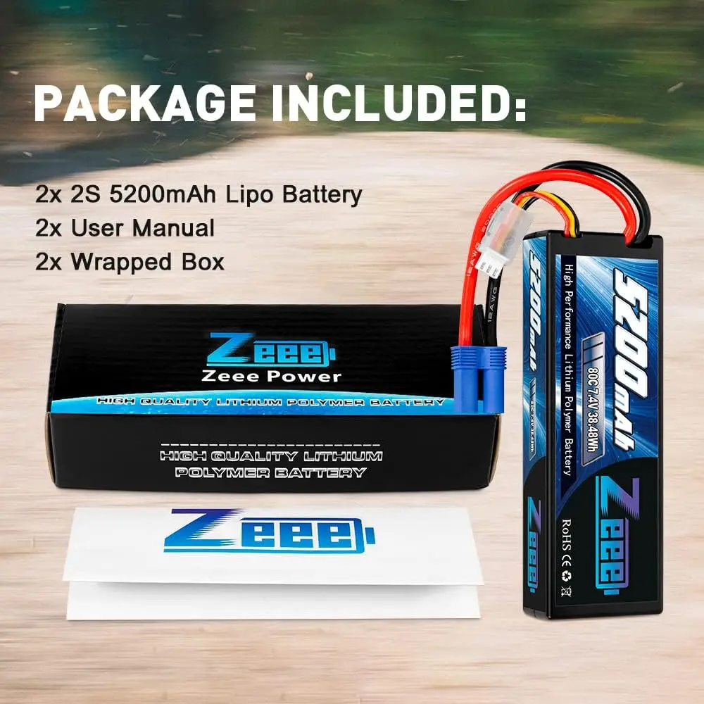 Zeee-Bateria Lipo Para Veículos Automoativos RC, Modelos de Drone Truggy Buggy, 2S, 5200mAh, 7.4V, Bateria 80C Hardcase, EC5, Plugue 3 T, 1/8, 1/10,