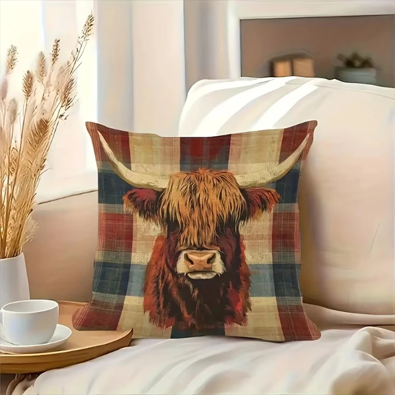 2D flat- Rustic Highland Cow Plaid Throw Pillow Cover Farmhouse Decor Cushion Case for Sofa Couch Bed