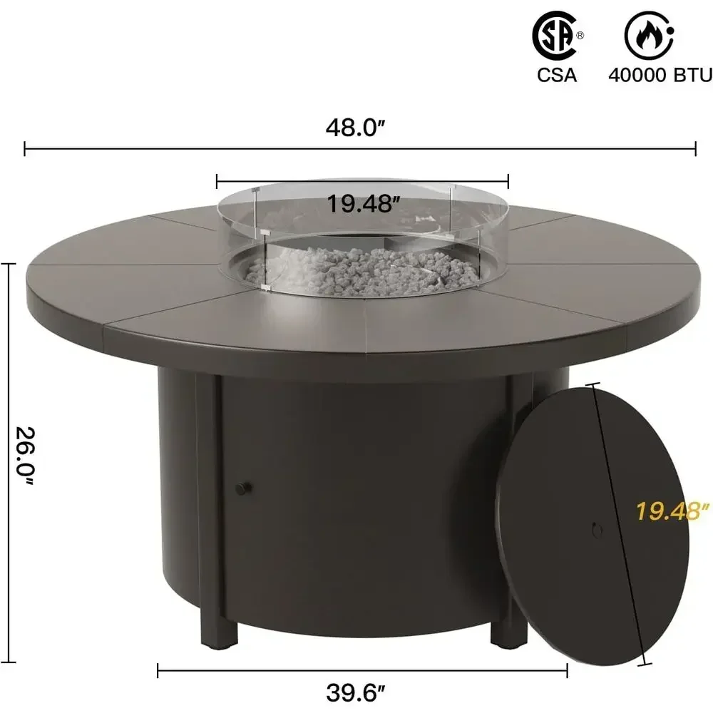 48 Auto-Ignition Gas Fire Pit Table with CSA Certification, Windshield, White Stone Lid, Ideal for Outdoor Patios