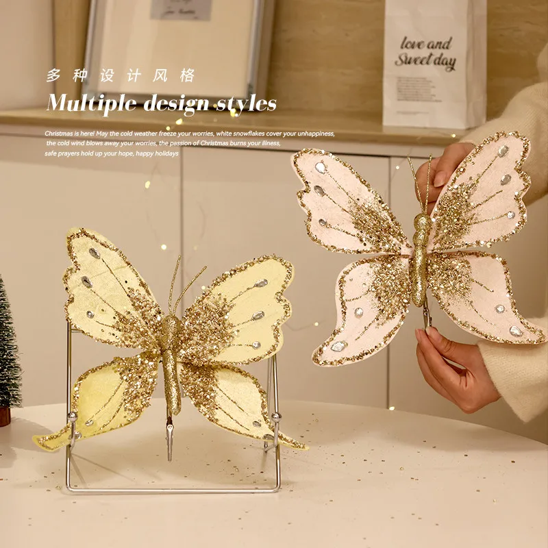 Delicate Fabric Butterfly Christmas Picks Lightweight Ornament Suitable For Indoor Window And Tabletop Decor Matching