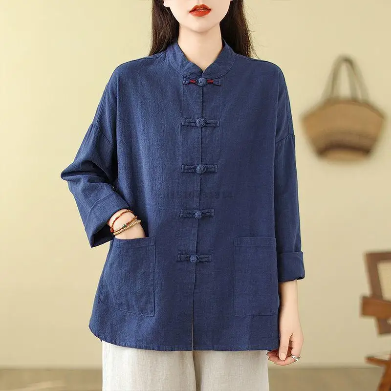 Women's Cotton Linen Chinese Style Shirt Mandarin Collar Frog Buttons Loose Long Sleeve Blouse with Pockets Vintage Casual Top