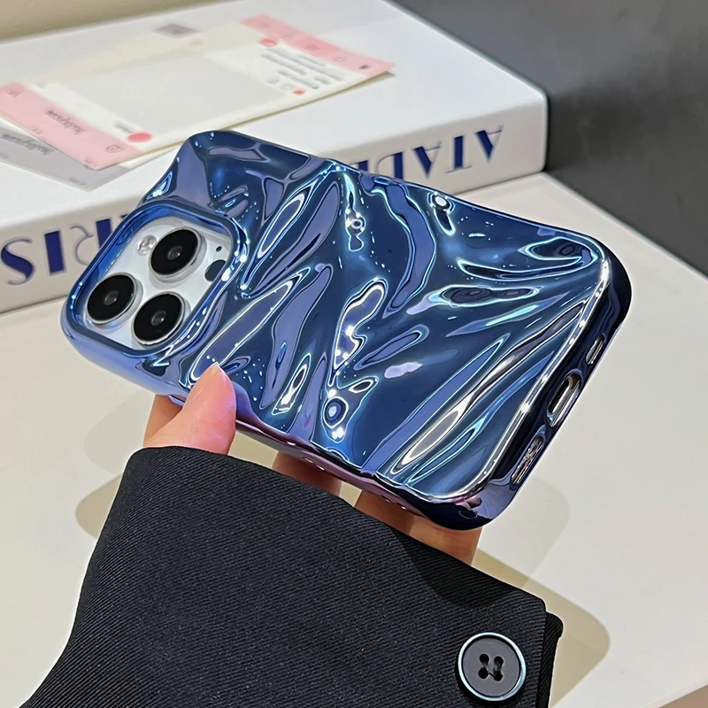 Plating Blue Glossy Water Ripple Phone Case For iPhone 17 Air 16 15 14 13 12 11 Pro Max 16 Plus Soft Shockproof Back Cover