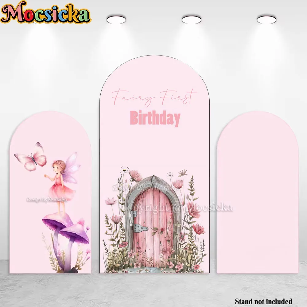 

Mocsicka Fairy First Birthday Party Arch Backdrop Photography Pink Flower Wood Door Mushroom Butterfly Background Girl Photozone