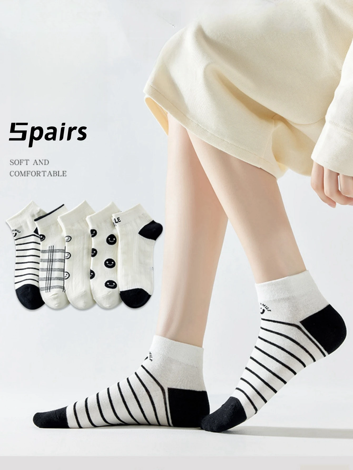 Women Summer Thin Short Socks Black White Smile Face Stripe Plaid Print Casual Breathable Ankle Socks Sweet Daily Boat Socks
