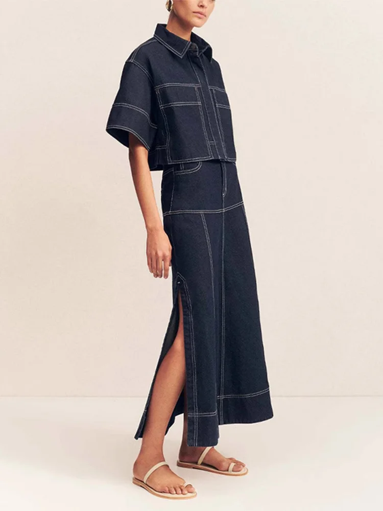

Trendy Women's Contrast Stitching Denim Skirt Set Short-Sleeve Crop Top Matching High Waist Maxi Skirt Summer Casual Outfits