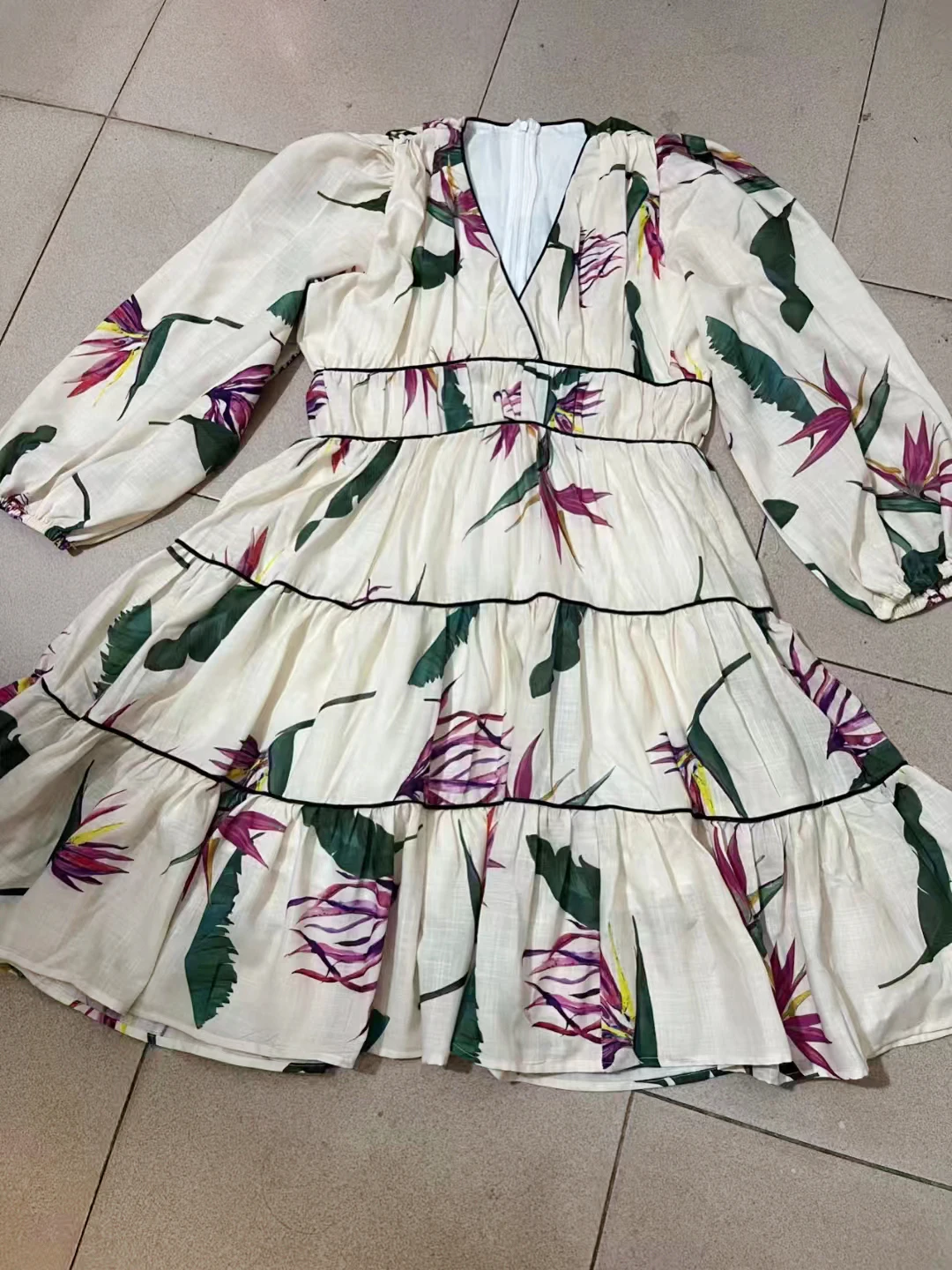 

SEQINYY Elegant Mini Dress Spring New Fashion Design Women Runway High Street Beige Vintage Flower Print Casual Holiday
