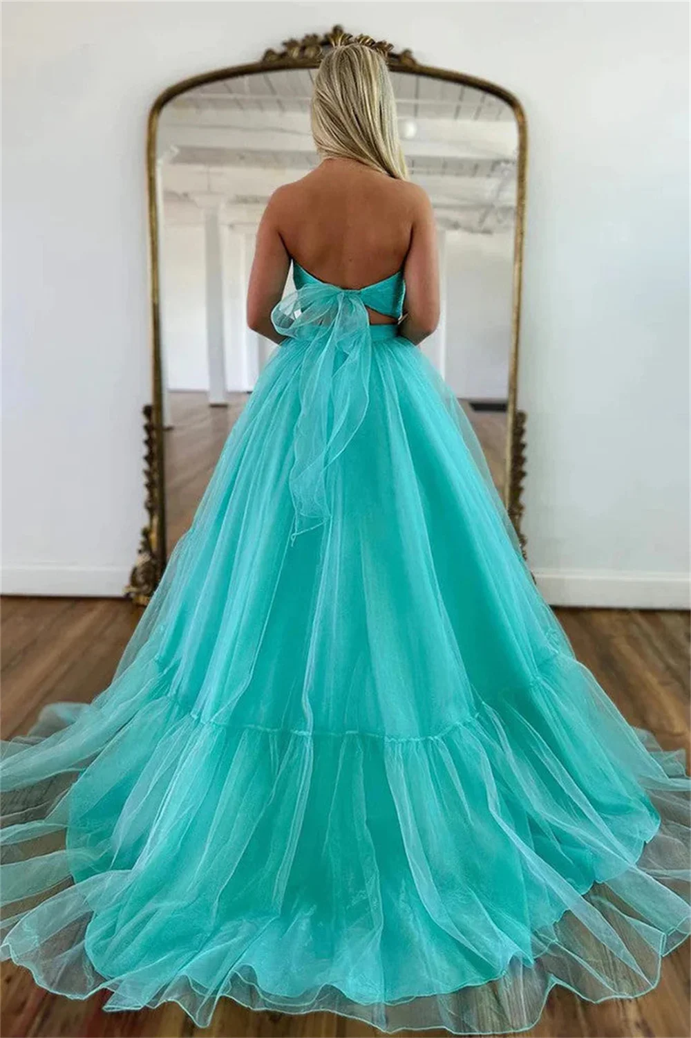 Two Pieces Sweetheart Formal Evening Dresses Tulle Pleated Corset Prom Gowns Back Lace-up Sleeveless Backless A-line Long Gowns